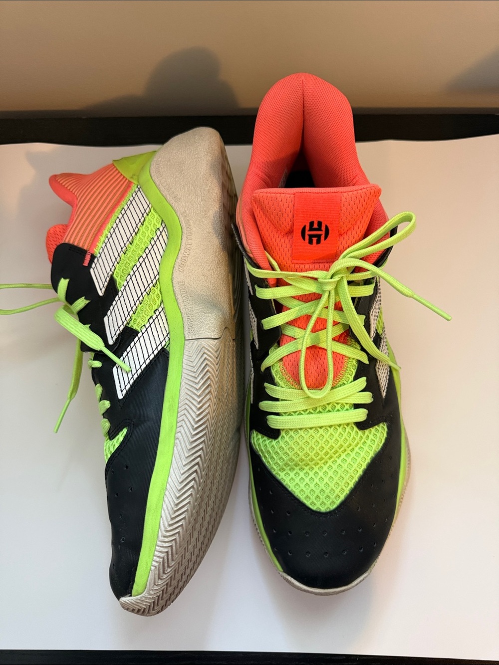 Adidas Men's Neon Green & Coral Athletic Basketball Shoes.